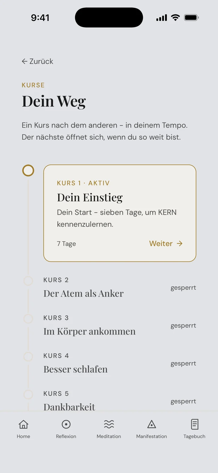 Dein Weg: Kurs 1 ist aktiv, die nächsten Kurse folgen nacheinander.